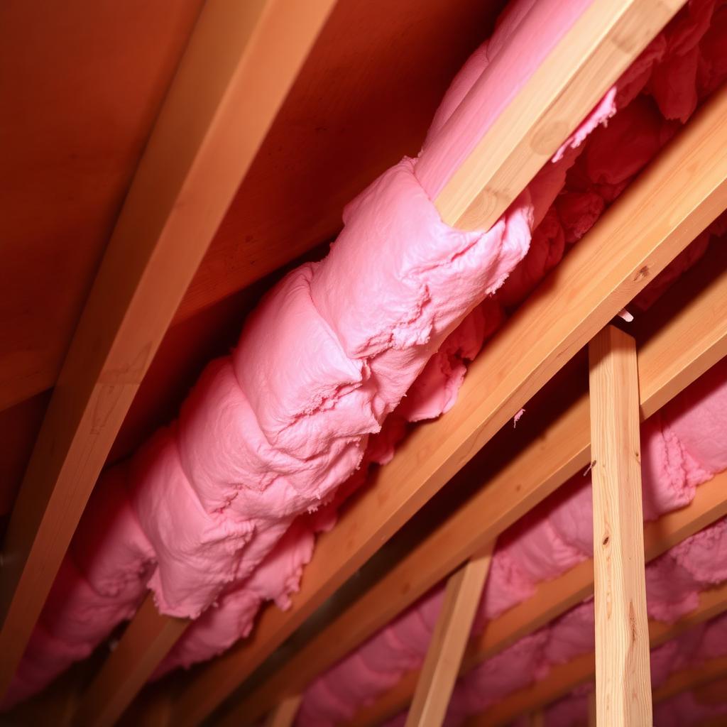 Fresh blown-in fiberglass laid evenly across attic joists in a Stillwater home